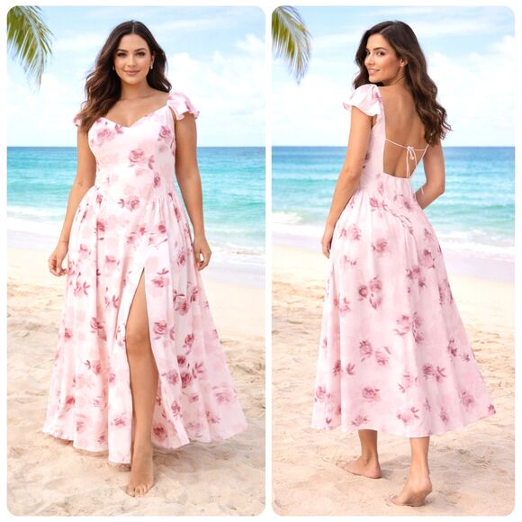 Abercrombie & Fitch Dresses & Skirts - Abercrombie Fitch Pink Floral Maxi Dress XL Open Back Flutter Sleeve Slit Zipper